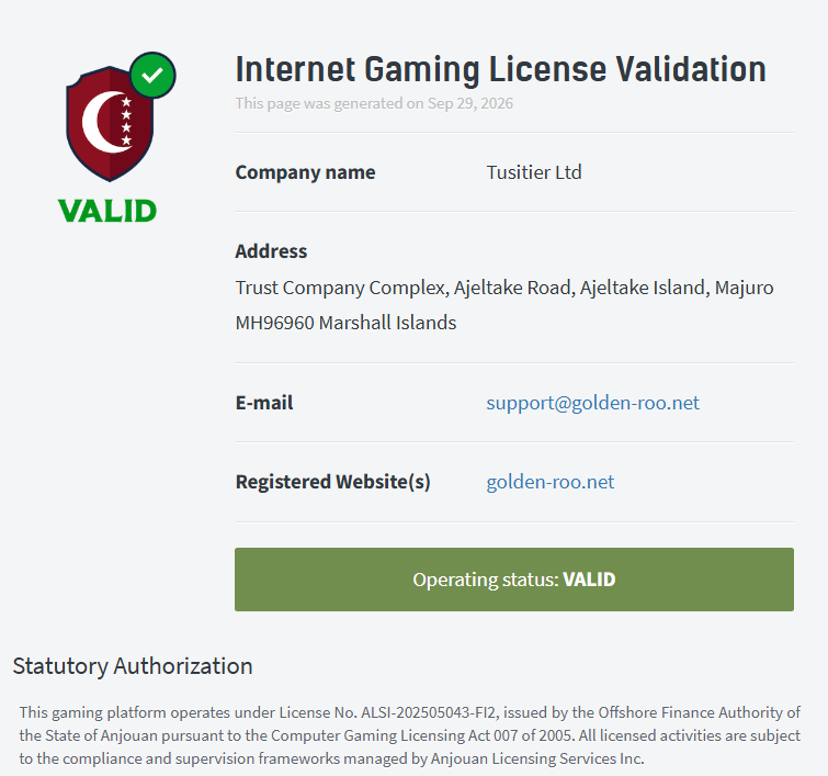 GoldenRoo Anjouan Gaming License